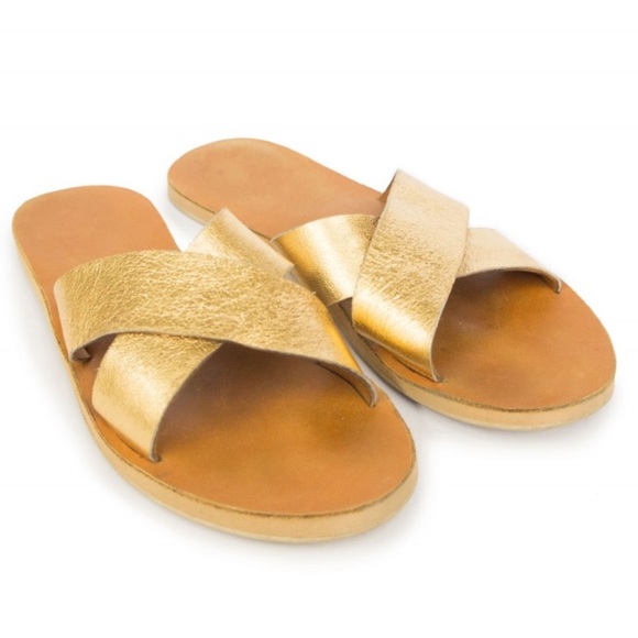 Gold and Caramel Crossover Slide Sandal - Picture 3 of 5